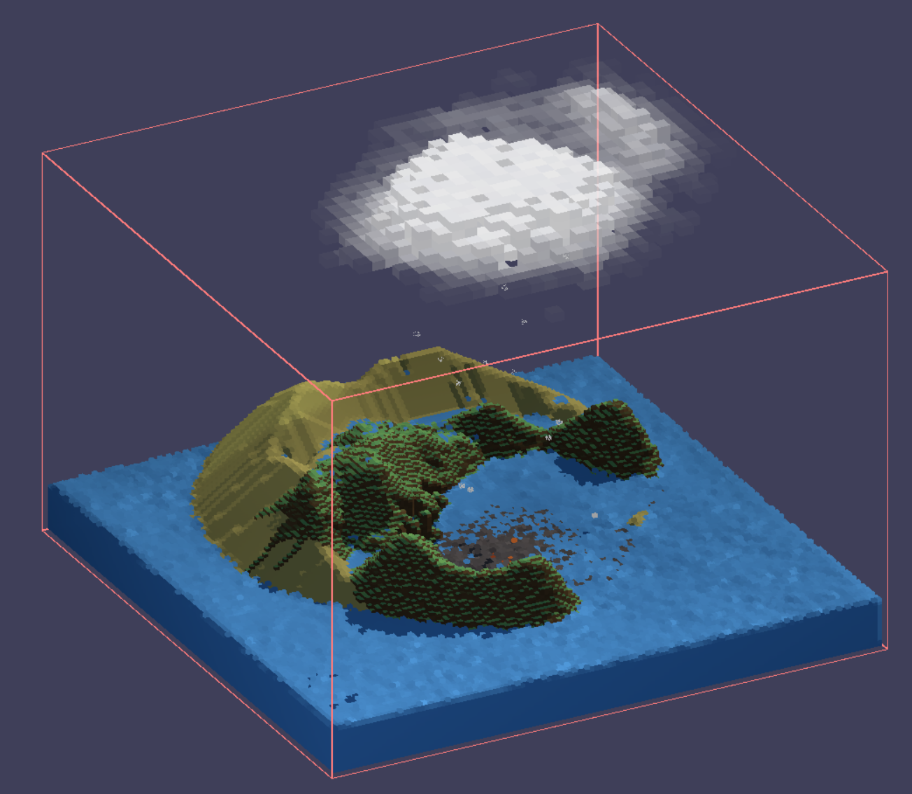 Sand: a voxel island with water, vegetation and a cloud above it, inside a wireframe simulation volume